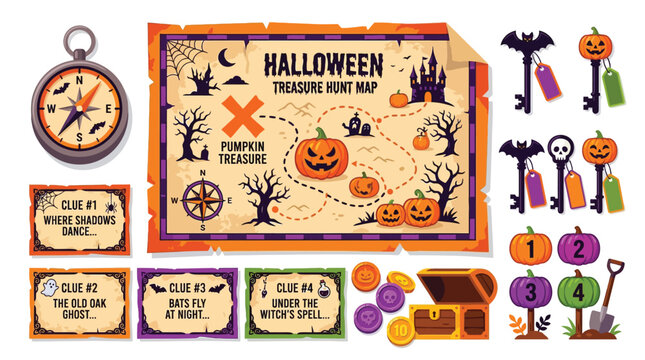 Halloween treasure hunt map with vintage compass, spooky keys, numbered pumpkins and treasure chest illustrations