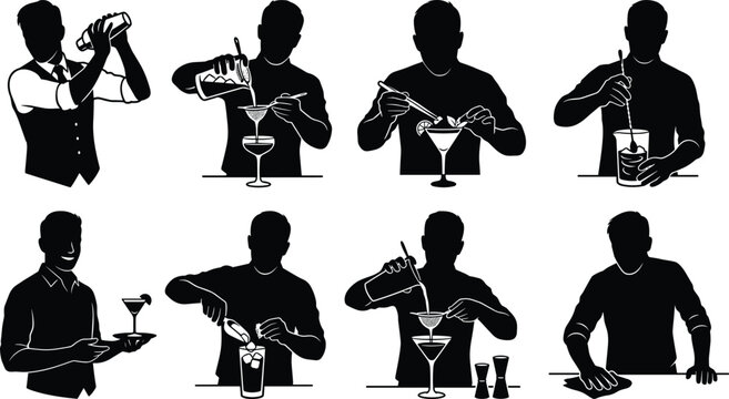 Set of black silhouettes of bartenders shaking, pouring, mixing cocktails, and serving drinks in various poses