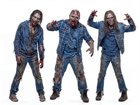 Set of three scary zombies in torn blue clothing isolated on white background