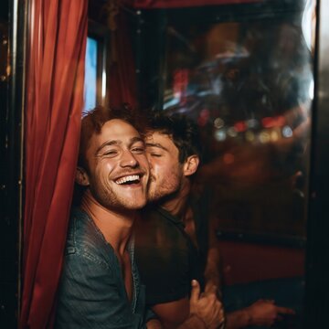 a two young men in love taking pictures together inside a classic photo booth
