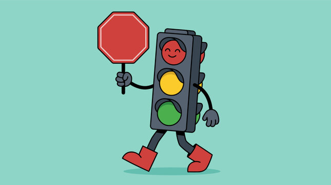 Anthropomorphic traffic light character in cartoon style walking and holding a blank red stop sign, featuring a smiling face on the red signal and wearing red boots on a teal background.