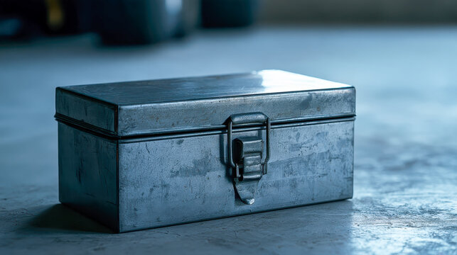Closed steel box with toggle latch on concrete floor, secure storage