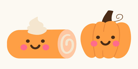 Fototapeta premium Cute cartoon pumpkin and pumpkin roll cake characters flat vector illustration funny autumn dessert mascots with happy faces thanksgiving halloween greeting card print isolated