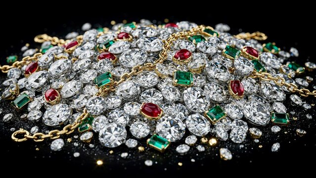 Pile of Diamonds, Emeralds, Rubies and Gold Chain on Black Background