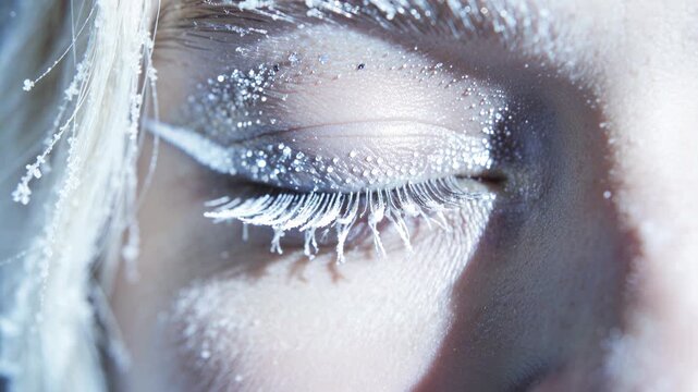 Slow motion shot Blue eyes, adorned with snowflakes and frost, accentuate the look, creating a festive mood, fantasy, and a wintery theme, creating a charming beauty