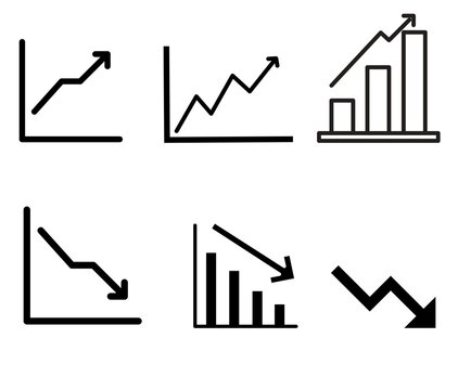 Business Growth and Decline Chart Vector Icon Set with Upward and Downward Arrows, Sales Analytics, Financial Performance, Market Trends, Statistics, Revenue and Data Visualization Symbols
