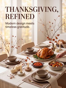 Thanksgiving Roasted turkey dinner served on a modern dining table with autumn decor with pumpkins candles seasonal
