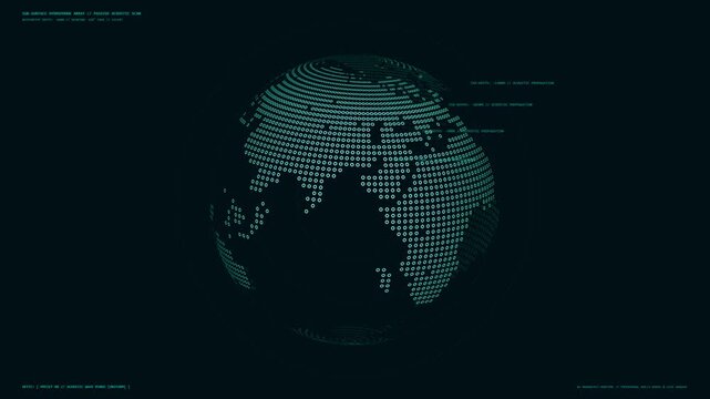 A rotating digital globe rendered in a tactical radar interface style with data overlays on a dark background