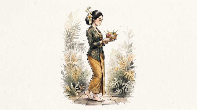 Indonesian woman in traditional kebaya holding a flower offering bowl in a tropical garden setting