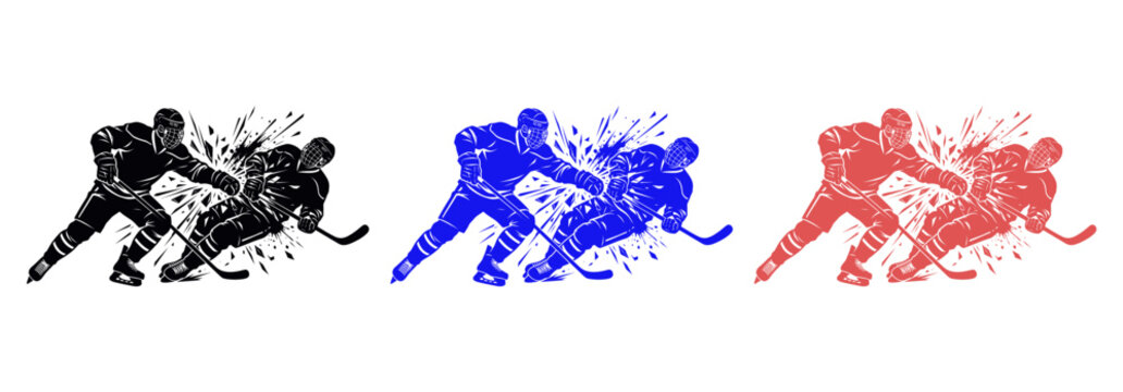 Ice Hockey Player Collision Logo Vector Illustration Set, Dynamic Sports Graphics Featuring Intense Athlete Body Check Action in Black, Blue, and Red Silhouettes for Competitive Team Branding Designs.