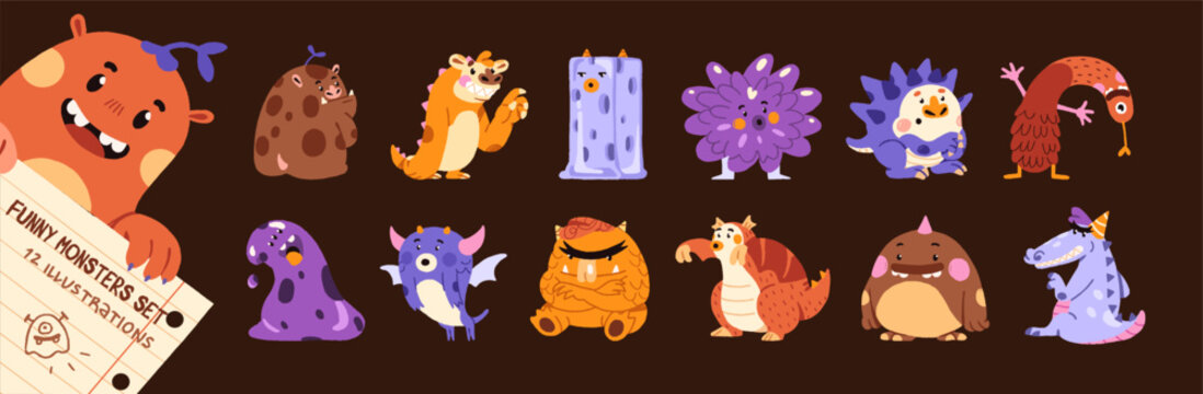 Funny monsters set. Cute and happy characters are greeting and having fun. Spooky and amusing Halloween mascots for kids. Dinos, dragons and aliens for children. Flat isolated vector illustrations