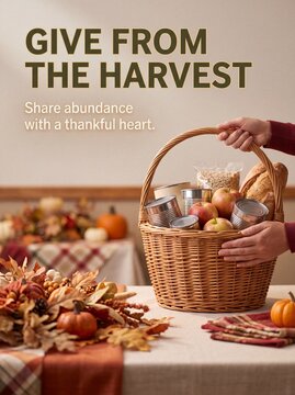 Thanksgiving Basket full of food items held by hands on a table with autumn decorations with table decorated pumpkins