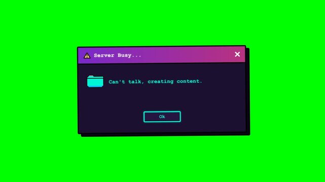 Cyberpunk vaporwave dark themed retro desktop operating system warning dialog box with pixel folder, pulsing warning icon, typewriter text animation, button click press, and floating bobbing on green