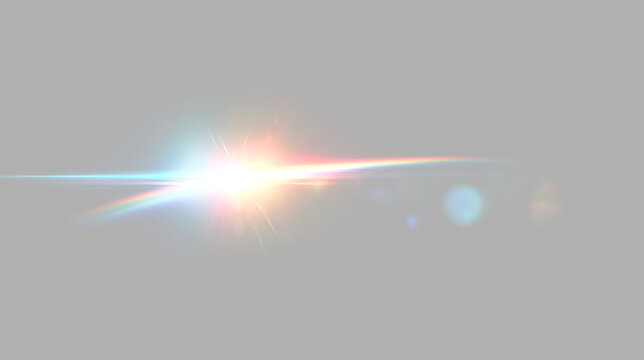 Optical lens flare with rainbow light streak and color dispersion on transparent background. Sci fi glowing flash effect for overlay design