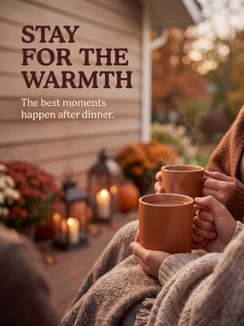 Thanksgiving People holding hot mugs on an outdoor porch with fall decorations with beverage while wrapped