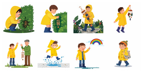 Fototapeta premium Set of illustrations of a boy in a yellow raincoat playing with wind chimes and jumping in puddles