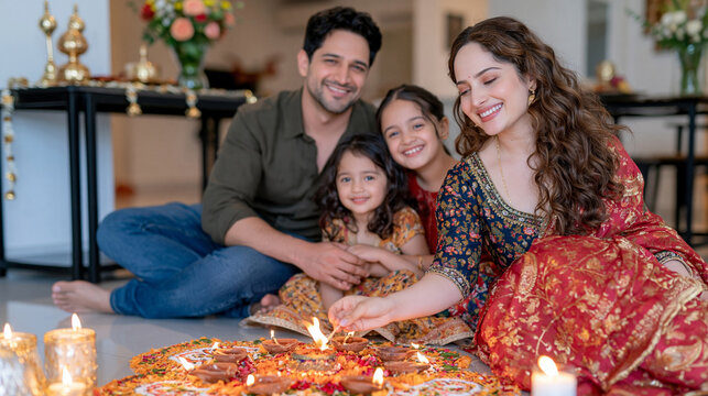 Indian parents and children sitting together on the floor and lighting traditional oil lamps during Diwali, colorful festive clothing, glowing diyas arranged around an elaborate floral rangoli, cand