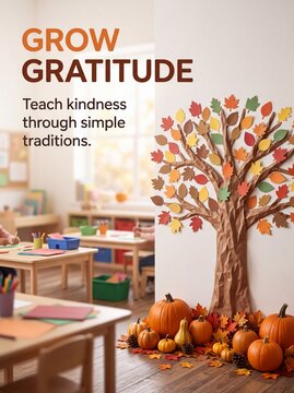 Thanksgiving Paper tree craft with autumn leaves and pumpkins in a classroom for seasonal school decoration