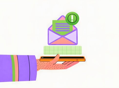 Hand holding smartphone with email notification and green checkmark icon above digital mail stack
