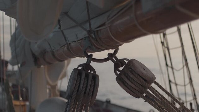 Details of the expeditional sailing vessel moving in the open ocean