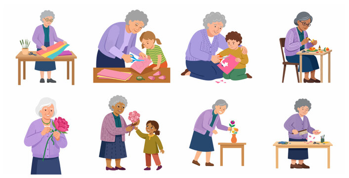 Set of illustrations featuring elderly grandmothers engaging in crafts and bonding with grandchildren, including paper cutting and flower arranging.