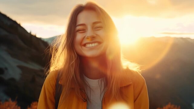 Joyful Woman Laughing in Mountain Landscape at Sunset