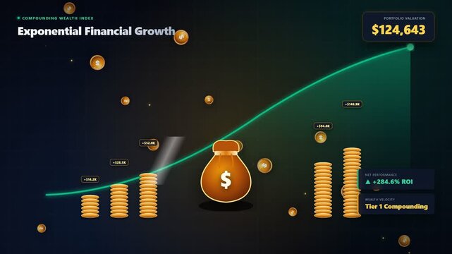 Modern financial infographic with rising green growth chart line, gold coin stacks and money bag, concept for compounding investment success, wealth accumulation dashboard and business analytics