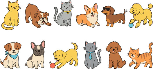 Obraz premium Cute Dogs and Cats Vector Collection featuring Cute Pets Playing Ball Wearing Necktie Sunglasses Corgi Poodle Bulldog Kitten Characters