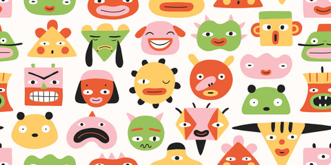 Obraz premium Seamless pattern, geometric abstract comic faces, different simple monsters, white background. Cute funny doodle faces, emoji, textile, wrapping paper. Funny faces pattern. Modern contemporary style.