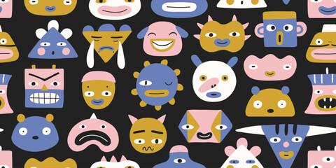 Obraz premium Seamless pattern, geometric abstract comic faces, different simple monsters, black background. Cute funny doodle faces, emoji, textile, wrapping paper. Funny faces for business team avatar. Modern.