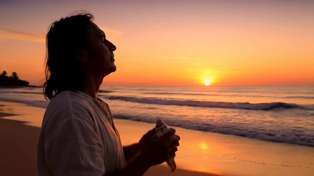 Silhouette of a man blowing a conch shell on a tropical beach at sunset.