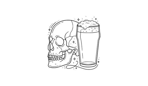 Minimalist fine line skull and beer glass vector tattoo sketch with clean linework