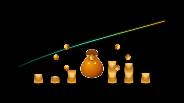 Glowing financial infographic with golden coins, money bag, and rising green line on dark background, concept for wealth growth and profit investment, ideal for business presentation and trading
