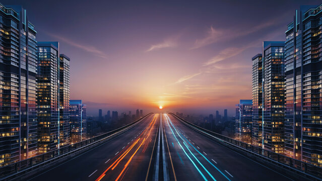 Light trails of moving vehicles on a highway bridge between modern skyscrapers at sunset with vehicles under glowing leads towards distant distant city skyline high rise