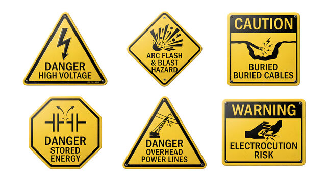 Set of electrical hazard warning signs including high voltage, arc flash, buried cables, stored energy, and electrocution risk isolated on transparent background