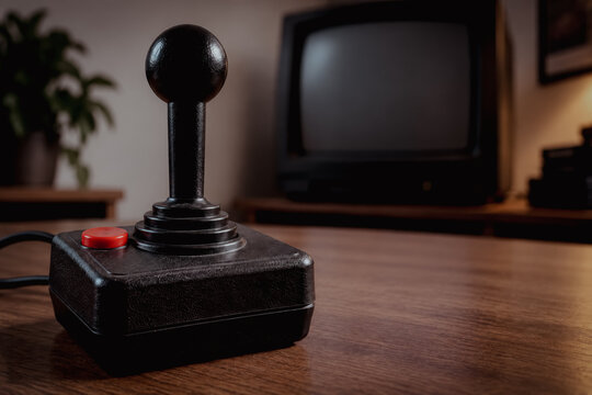 Vintage joystick controller on a wooden table