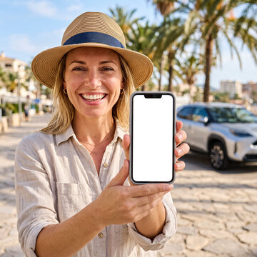 smiling woman in hat holds smartphone with blank mockup screen against palm trees and car on resort street in sunny summer day