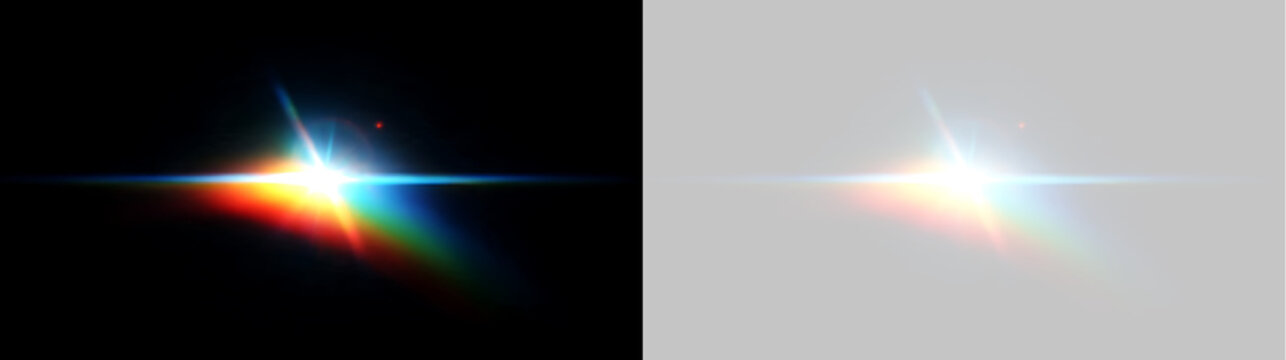 Optical lens flare with angled rainbow prism spectrum. Cinematic anamorphic light leak overlay on black and transparent background