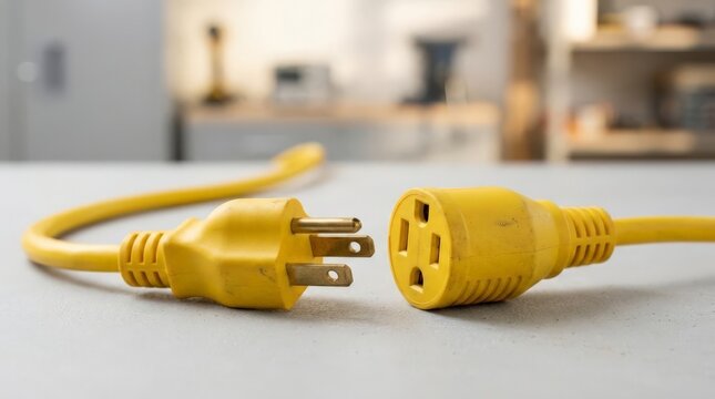 A close up view of a yellow extension cord lying on a gray surface, shown completely unplugged with the prongs and socket separated in a clean indoor setting, underscoring the power cord