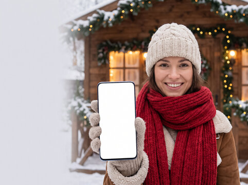 smiling girl in knitted hat and red scarf holding smartphone with white screen against snowy wooden house with festive garlands