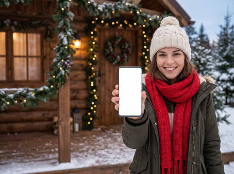 cheerful girl in winter jacket and red scarf showing smartphone with blank screen against snowy wooden house with christmas decor