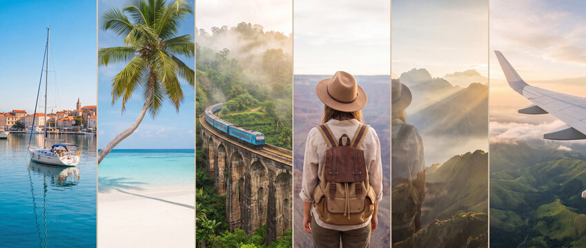 Travel collage banner of world vacation destinations featuring a yacht, tropical palm beach, scenic mountain train, backpacker, and airplane wing for tourism agency advertising campaigns