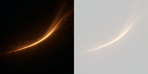 Golden curved light arc with glowing sparkles. Shining luminous wave effect on transparent and black background. Smooth energy streak overlay © Антон Миргородський