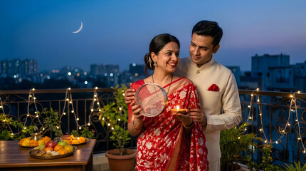 Obraz premium Happy indian couple celebrating karwa chauth festival at night on a rooftop terrace with traditional clothes and glowing fairy lights