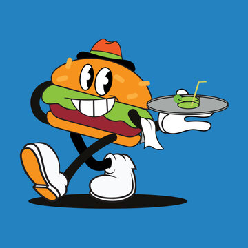 Retro Hamburger Mascot Waiter Serving a Drink &ndash; Vintage Cartoon Food Character Illustration