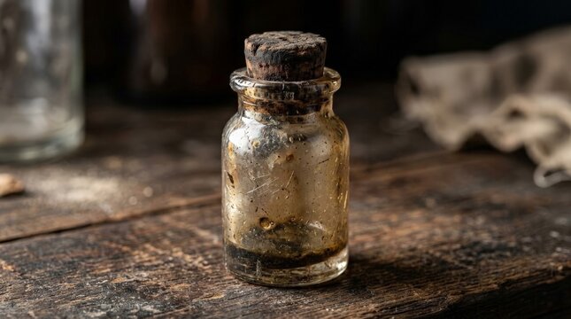 A close up view of an old vintage glass bottle with a cork on a dark wooden surface conveying the theme of expired medication with a somber mood and dramatic lighting