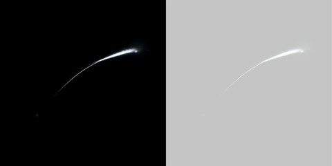 White glowing shooting star trail with glittering particles. Abstract comet light streak isolated on black and transparent background © Антон Миргородський