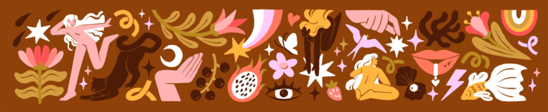 Pastel set of doodle elements. Modern art-abstract shapes, silhouettes of girls and leaves, stars, eyes, flowers and animals. Funny textures with plants and people. Flat isolated vector illustrations