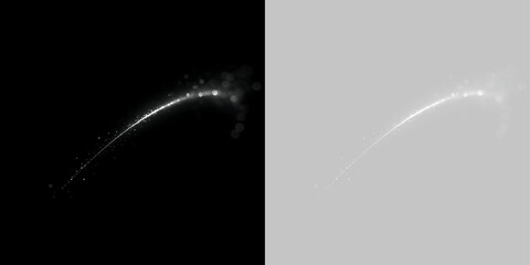 Glowing white light trail with sparkling particles arc. Magic stardust streak and bokeh effect overlay on transparent background © Антон Миргородський