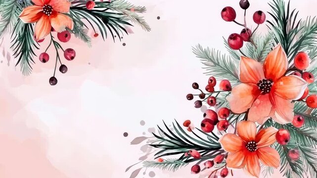 Floral Frame with Orange Flowers, Pine Needles, and Berries